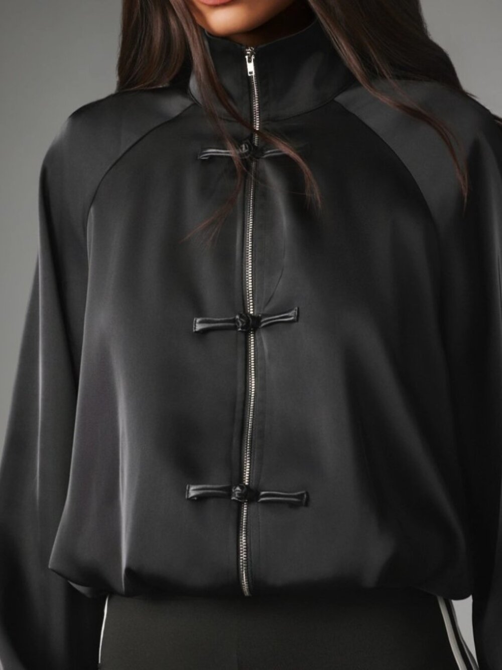 Black Satin Funnel Neck Jacket with Frog Knot Closures